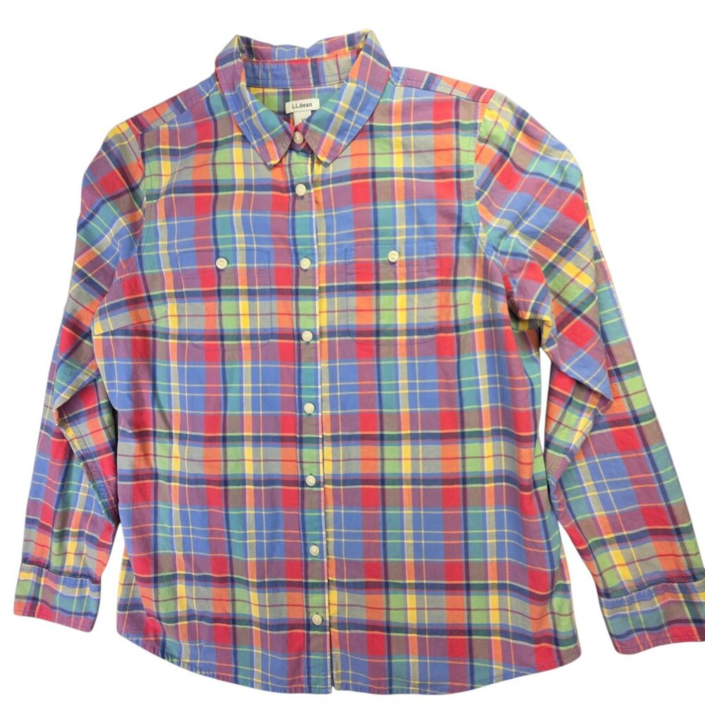 LL Bean Shirt Womens Medium Multicolor Plaid Madras Long Sleeve Preppy Casual - Picture 1 of 8